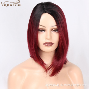 Vigorous 14inch Synthetic Side Part Natural Short Straight Hair Wigs for Black Women 2 Tone Ombre Red Heat Resistant Fiber Hair